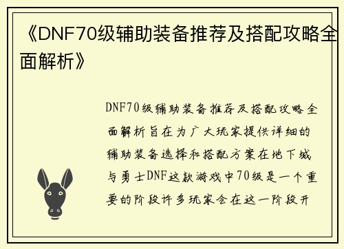 《DNF70级辅助装备推荐及搭配攻略全面解析》